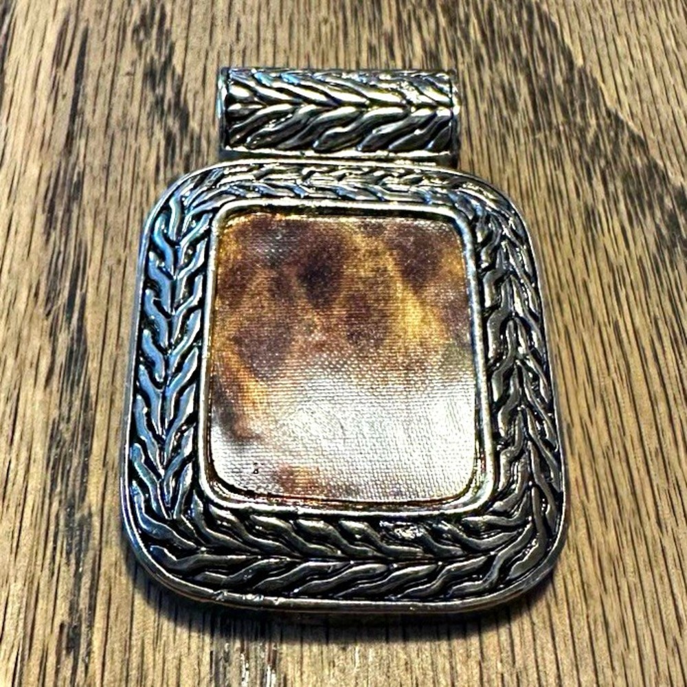 Vintage Silvertone Square Pendant Tortoise Shell Pattern Fabric Resin